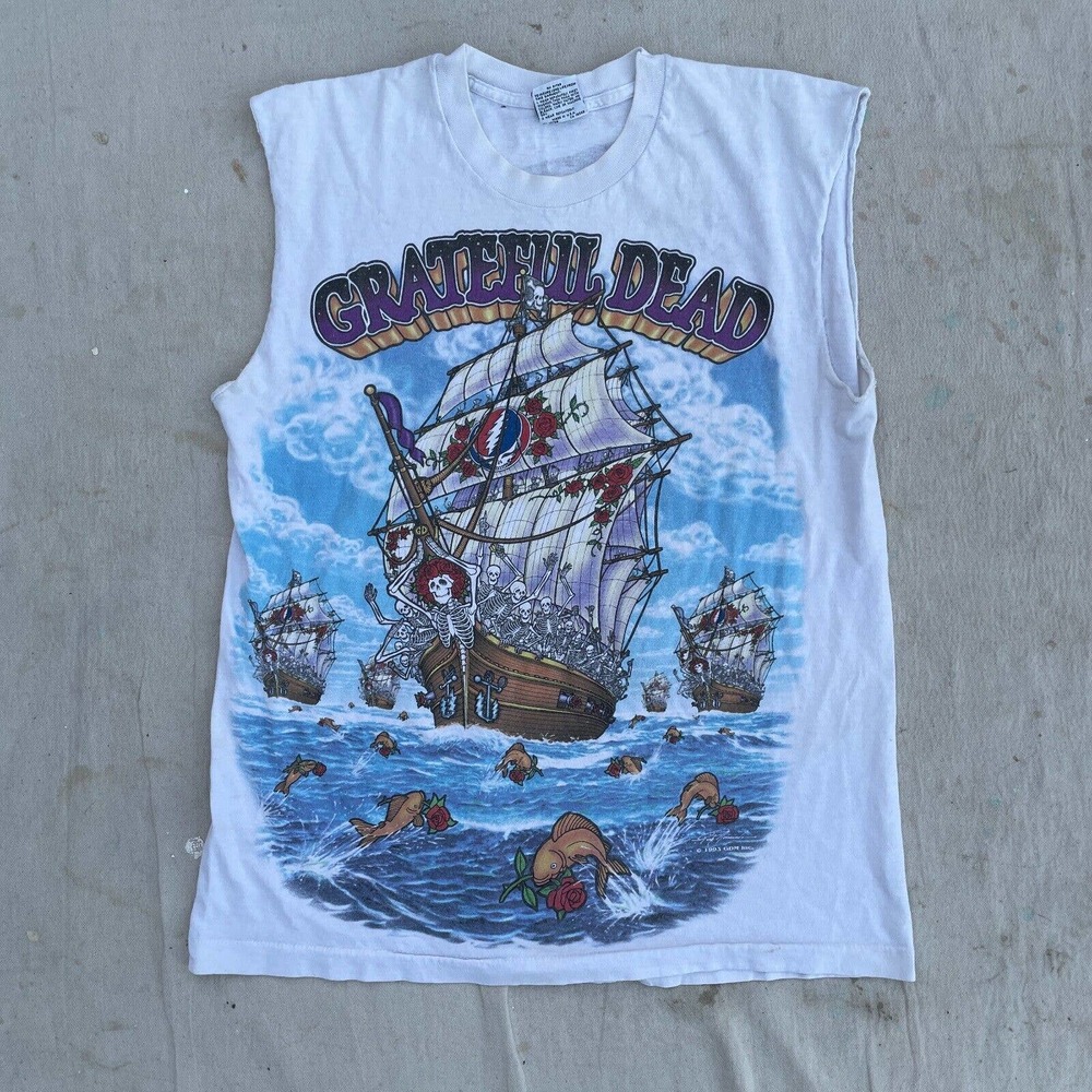 Vintage 90s Grateful Dead Ship of Fools Liquid Blue Large Chopped Band T Shirt